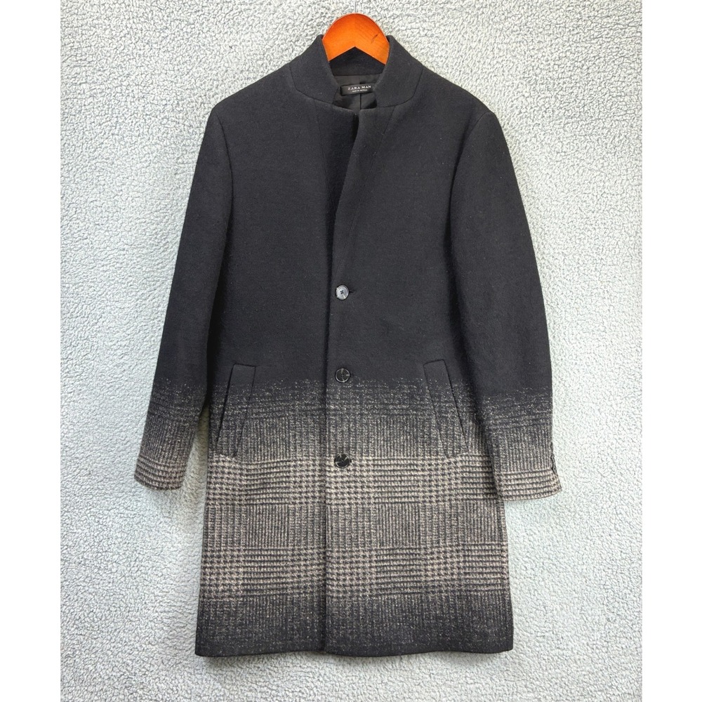 Zara Man Ombre Plaid Overcoat Mens M Black Wool Blend Tailored Winter Warm